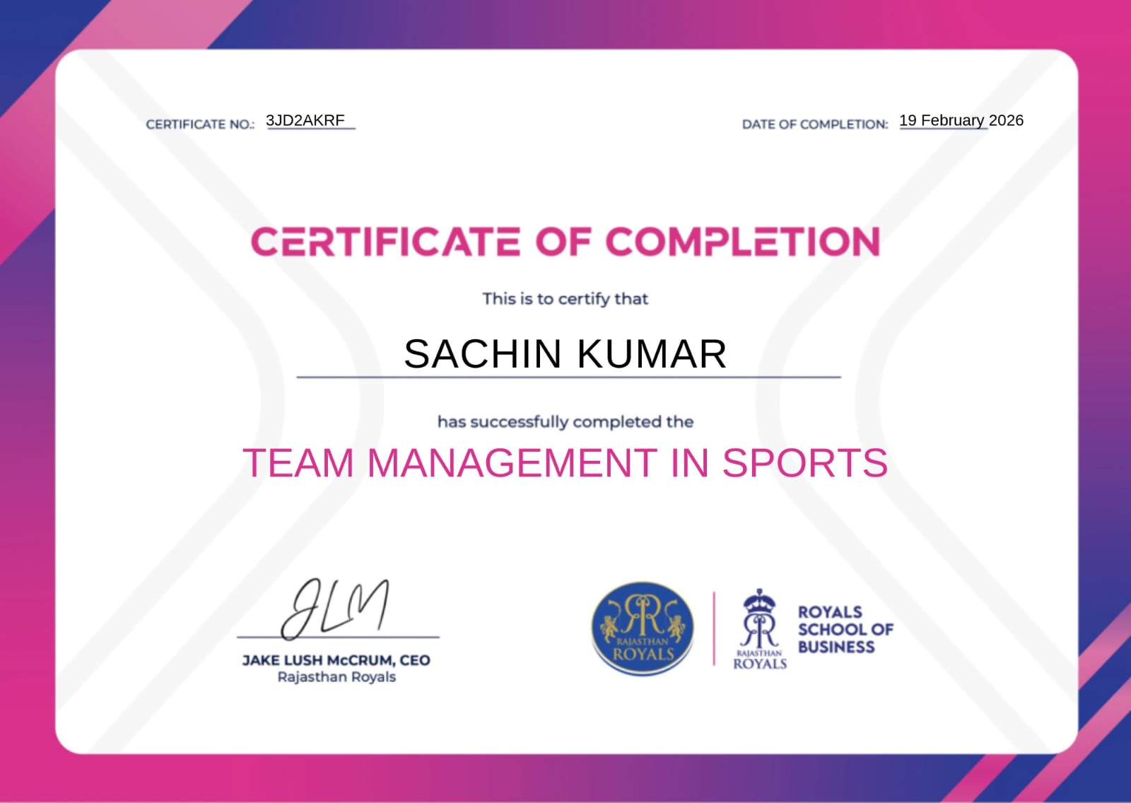 Rajasthan Royals Certificate